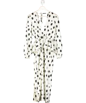White Polka Dot Jacquard Ruffle Midi Dress UK S