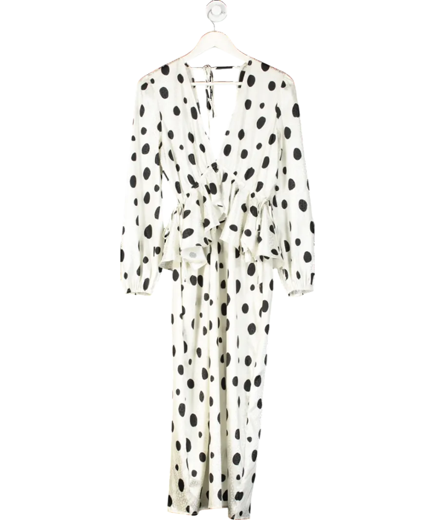 White Polka Dot Jacquard Ruffle Midi Dress UK S